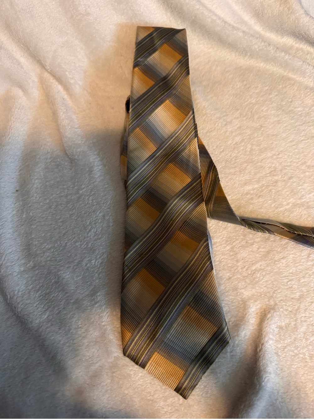 Kenneth Cole Yellow and Gray Plaid Silk Tie